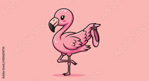 Pink cartoon flamingo balancing on one leg, holding ballet shoes, on a light pink background