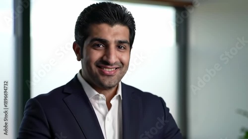 Smiling man in a suit stands in front of a window, looking at the camera