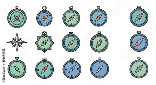 Collection of various stylized compasses and a star rose element
