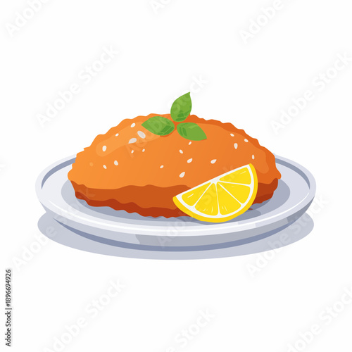 Flat Vector Illustration of Chicken Cutlet with Lemon Wedge