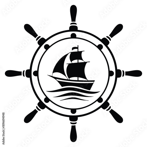 Flat yacht logo icon with helm boat logo with water on white background t shirt design concept vector illustration sign for marine branding