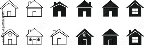 Minimal house icon set in black and blue outlines showing residential home symbols, real estate property concepts, housing architecture icons, modern flat design collection