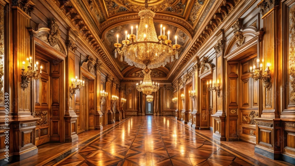 Fototapeta premium Grandiose French palace hallway adorned with lavish chandeliers and intricately carved wooden paneling