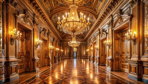 Grandiose French palace hallway adorned with lavish chandeliers and intricately carved wooden paneling