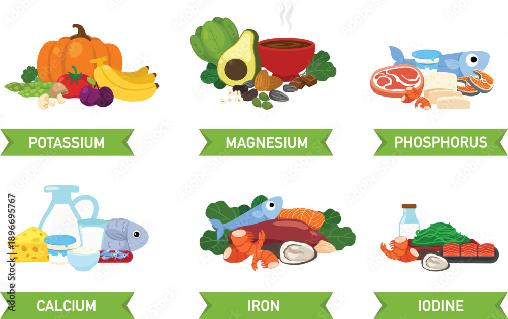 Obraz premium Healthy Food Group.Iron,Magnesium,Calcium,Potassium,Iodine,Phosphorus