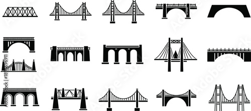 Bridge silhouettes collection featuring suspension arch truss and cable bridges isolated on white for architecture engineering transport and infrastructure design