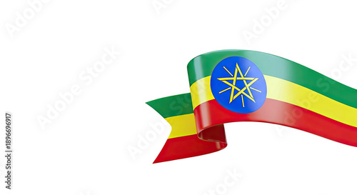 Waving Ethiopian Flag Ribbon on White Background