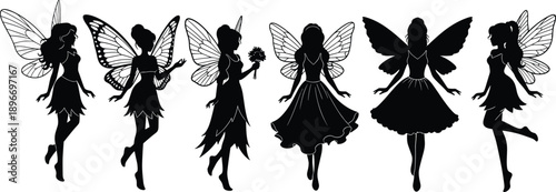 Elegant fairy silhouettes collection featuring magical winged women in flowing dresses isolated on white for fantasy art and decorative design use