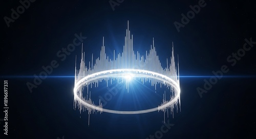 Glowing ring illustration with sound wave emanating upwards on dark background from centered viewpoint