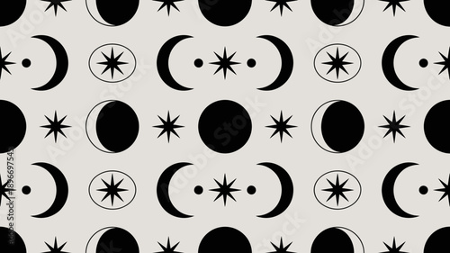 Black moon and star pattern on gray background with various phases and shapes
