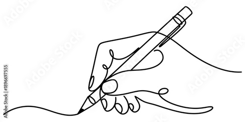 A single continuous line drawing of a hand holding a pen and actively writing on a surface