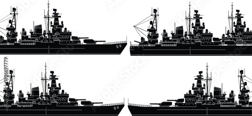 Military battleship silhouette set from different angles, modern naval warship profiles isolated on white background, maritime defense vector illustration