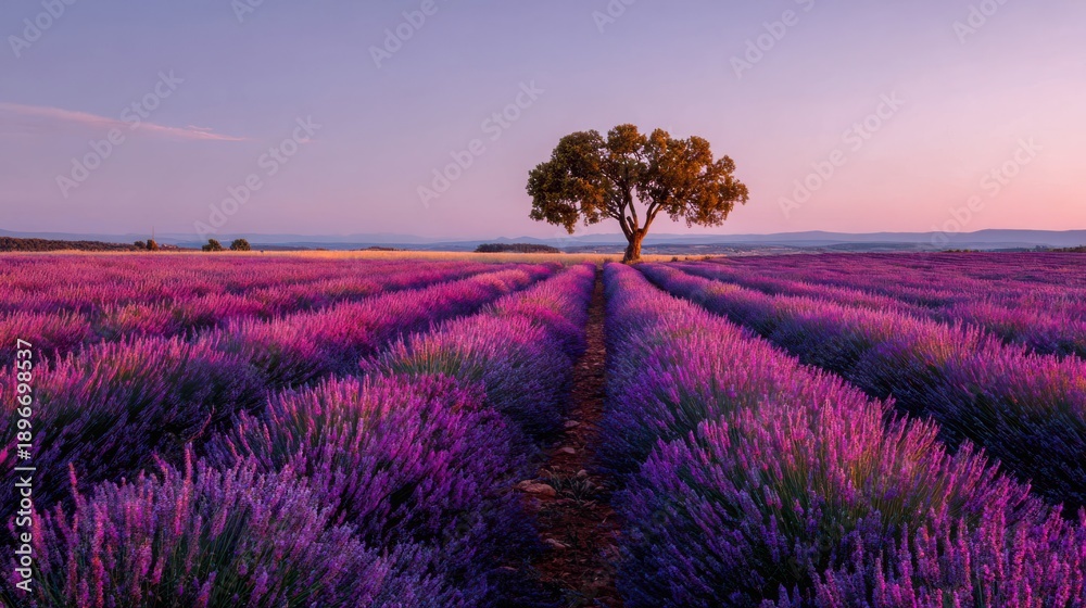 Obraz premium Tranquil Lavender Field at Sunrise with Isolated Tree in Distance