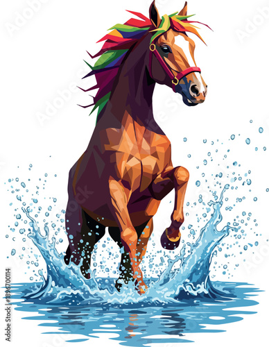 Brown Horse Rears Up In Water Splash Rainbow Mane Vector