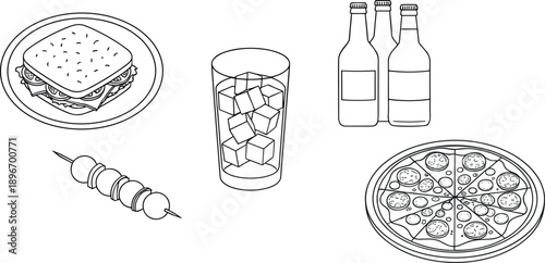 Fast Food Line Icon Set with Sandwich, Pizza, Skewer, Bottled Drinks, and Ice Beverage for Restaurant and Street Food Design
