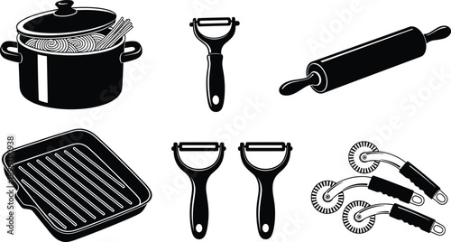 Professional kitchen tool collection featuring black silhouettes of cooking pots rolling pins peelers grill pans and pasta cutters for culinary lifestyle graphic 