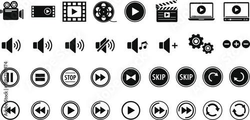 Black video player and multimedia control icon set isolated on white background featuring play pause skip volume and streaming buttons for digital 