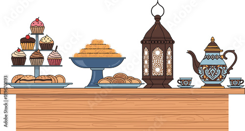 Flat Arabic Sweets and Tea Table Illustration with Desserts Traditional Lantern and Teapot for Ramadan and Eid Design