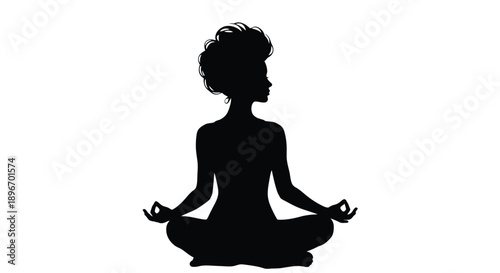 Silhouette of a woman meditating in a lotus position against a white background.