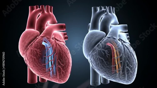Red and grey hearts with arteries on dark blue and black background