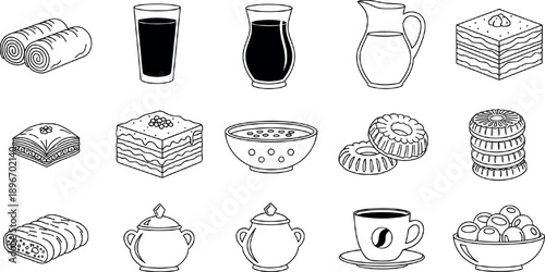 Hand Drawn Arabic Sweets and Tea Icons Set with Desserts Pastries Cups and Teapots in Outline Style