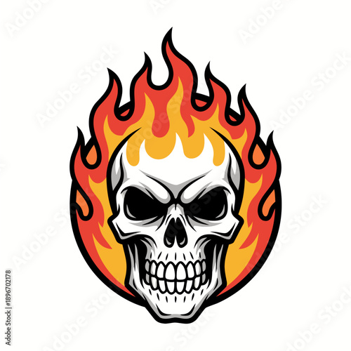 Scary flaming skull illustration with intense fiery flames surrounding it
