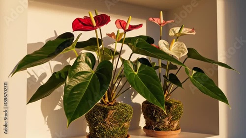 A beautiful of red and pink flowers blooming in a decorative vase