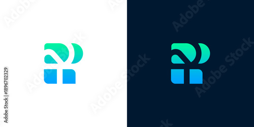 A modern, sleek logo concept combining vibrant green and blue gradient colors to form an abstract letter 'R', representing innovation and digital solutions and progress