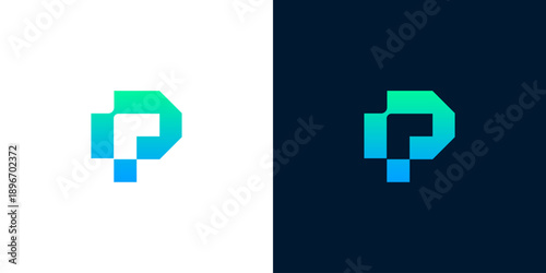 Modern P letter logo icon with gradient technology style on white and dark backgrounds