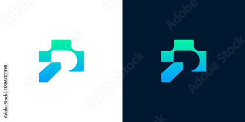 Abstract digital logo representing technology and innovation with a vibrant gradient, presented on white and dark backgrounds