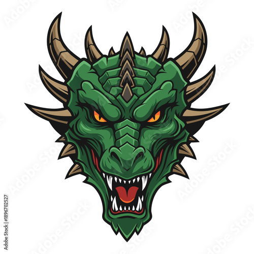 Powerful mythical green dragon head illustration with intense gaze and roaring mouth