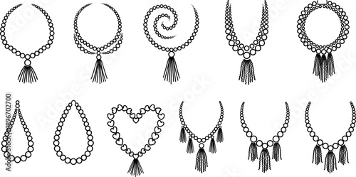 Beaded Necklace Outline Vector Set with Tassels and Heart Shapes for Jewelry, Fashion Accessories and Decorative Design