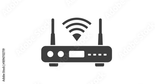 Simple black and white icon representing a wireless internet router broadcasting a strong signal clearly