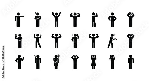 Collection of black silhouette stick figures displaying various strong emotions actions and poses
