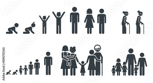 Collection of diverse stick figure icons illustrating the human life cycle and family stages