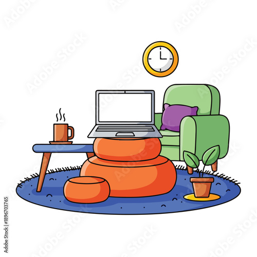 A cozy home office with laptop on pouf