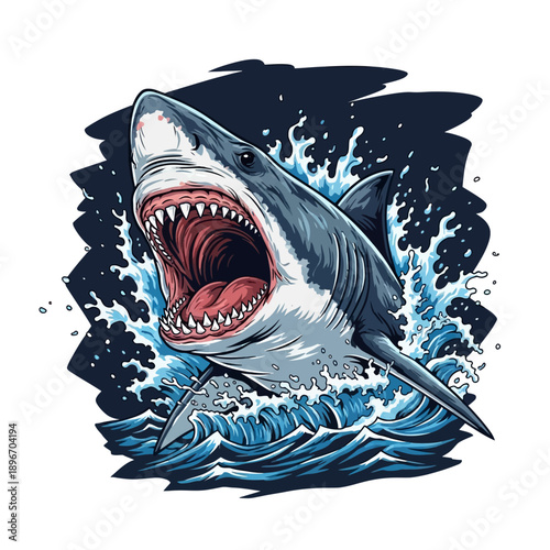 Fierce Shark Illustration Breaking Through Ocean Waves
