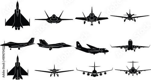 Black Airplane Silhouette Vector Set Featuring Military Fighter Jets Commercial Passenger Planes Propeller Aircraft And Detailed Aviation Icons For Travel Logos And Airshow Posters
