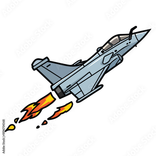 A gray fighter jet taking off with flames
