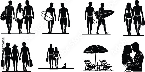 Black Beach Lifestyle Silhouette Vector Set Featuring Surfers People In Swimwear Romantic Couples Sun Loungers And Summer Vacation Icons For Travel Posters And Tropical Branding