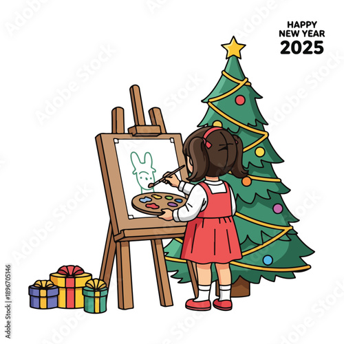A girl painting near a Christmas tree