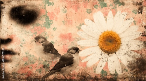 Vintage gold and white birds and daisies pattern with floral elements and elegant ornamental design, detailed textures and classic decorative style for background and textile use.