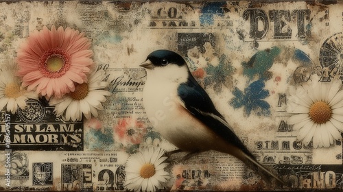 Vintage gold and white birds and daisies pattern with floral elements and elegant ornamental design, detailed textures and classic decorative style for background and textile use.