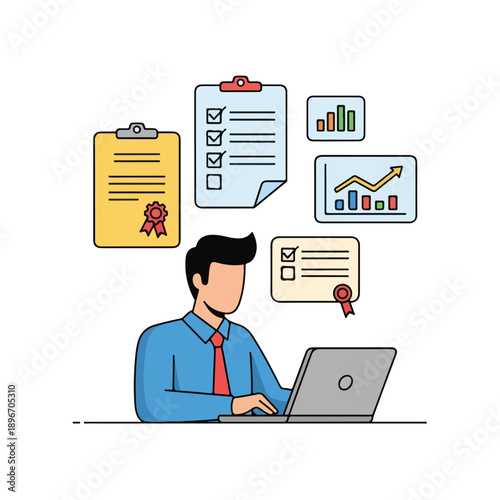 A man in a blue shirt and red tie works on a laptop