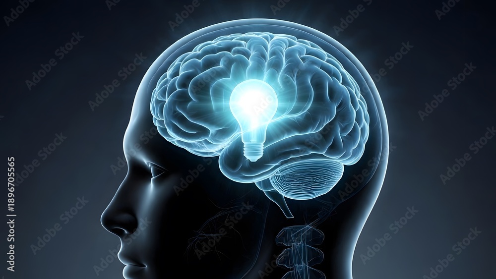Obraz premium A glowing lightbulb illuminated within a transparent human brain, symbolizing innovation and intelligence