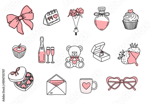 Cute valentine day doodle set with hand drawn romantic gift icons featuring teddy bear heart chocolate and love letter art decoration