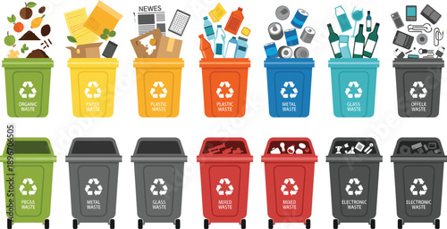 Set of colorful recycling bins for waste segregation including organic paper plastic metal glass and electronic waste isolated on grey background