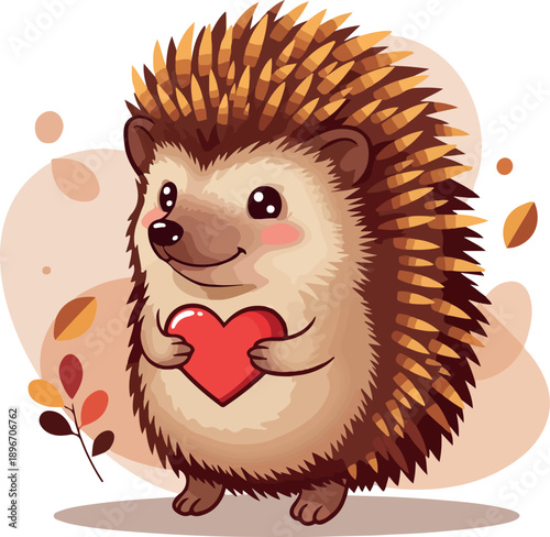Cute Hedgehog Holding Red Heart Autumn Fall Leaves Beige Background Vector