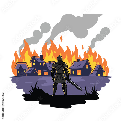 A knight watches as village burns