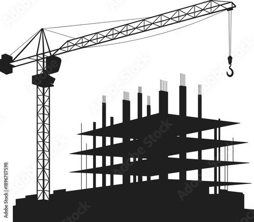 Tower crane silhouette lifting hook above unfinished multi storey building frame, urban construction site, civil engineering, industrial architecture concept